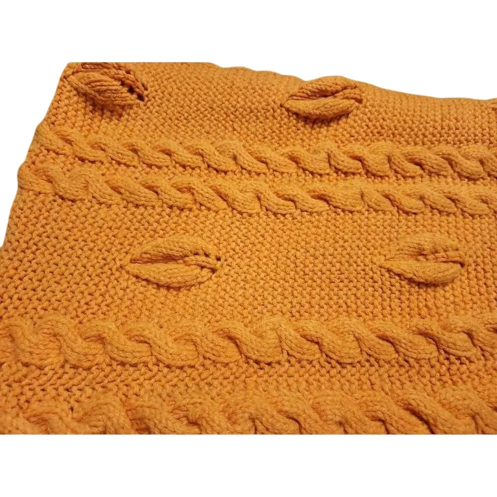 Mustard Yellow Cable Knit Throw Blanket‎ with Fringe Boho Marigold Chunky Knit